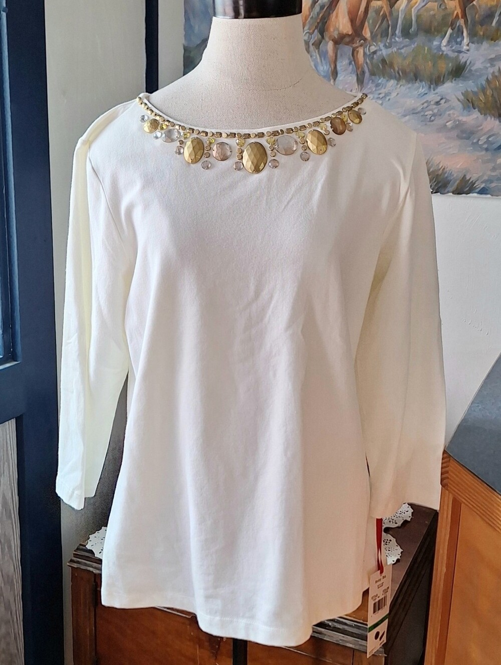 Ruby Rd. "Glace" Jeweled Neck Long Sleeve Tee, L, Style#73450, NWT